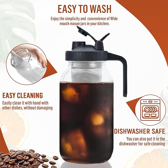 Glass Cold Brew Coffee Maker – 64 oz (2 Quart / 1.9 Liter) – Mason Jar Iced Coffee Pitcher, Durable Glass, with Stainless Steel filter, leak proof wide mouth lid and handle
