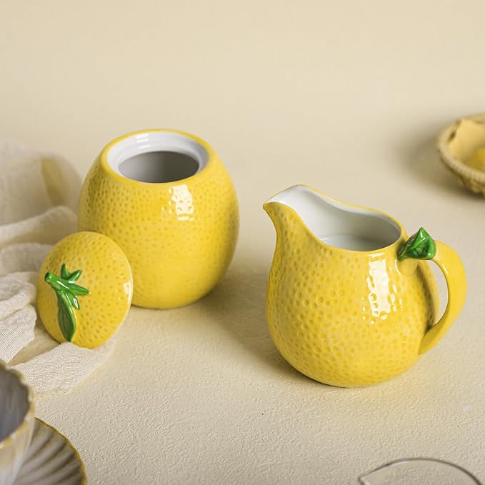 CHOOLD Ceramic Lemon Shape Creamer and Sugar Bowl Set, Cream Pitcher, Sugar Bowl with Lid, Coffee Serving Set