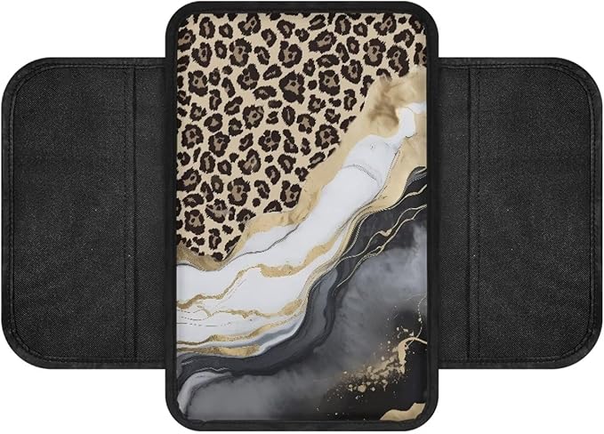 BIGCARJOB Marble Texture Armrest Cover for Car Center Console,Leopard Print Car Center Console Cover Automotive Car Armrest Cover Cushion with Side Pockets,Universal for Most Cars