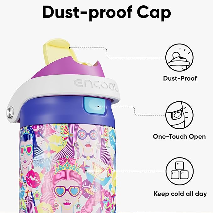 ENCOOL Leakproof Insulated Water Bottle with Straw Dual-Sip Water Bottle Bag-Safe Design for Work, Commute & Gym – Keeps Drinks Cold All Day, 24 oz, Party Trendy
