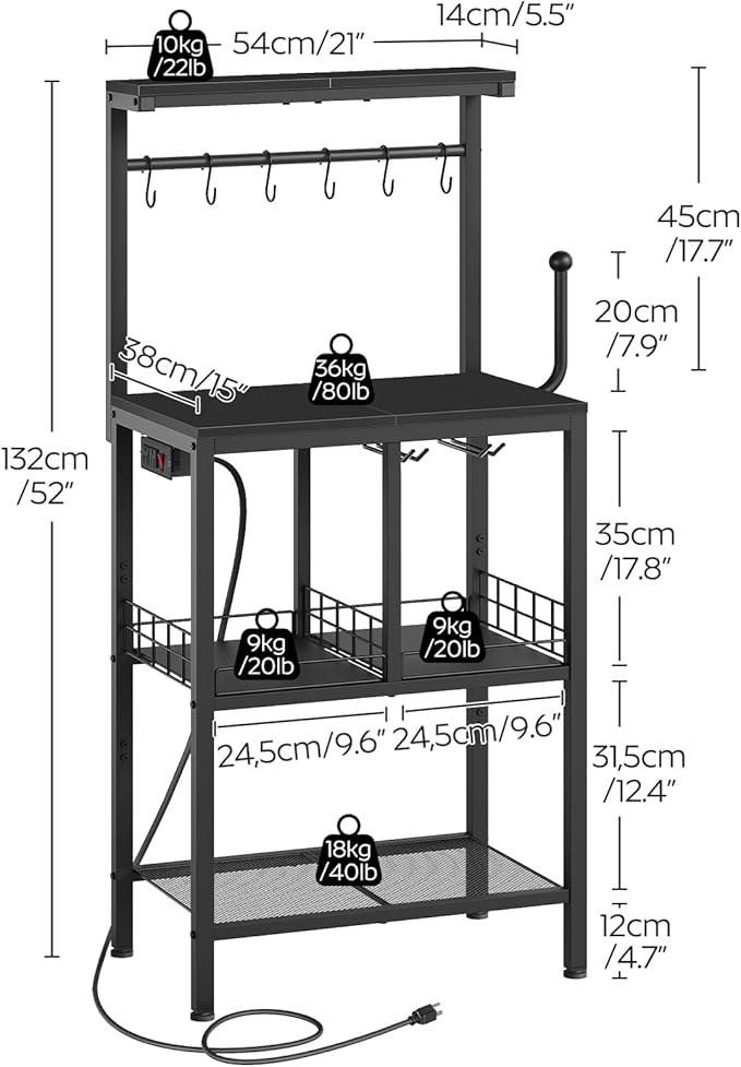 Bakers Rack with Power Outlet, Microwave Stand with Paper Holder, Coffee Bar Table with Wine Glass Holder, 4-Tier Kitchen Storage Rack for Dining Room, Living Room, Black HB02UBB