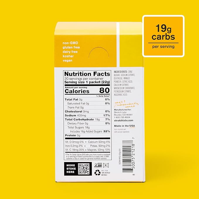 Skratch Labs Hydration Sports Drink Mix Packets – Real‑Fruit Electrolyte Powder for Fast Hydration & Endurance | Mango | 20 Pack | Vegan, Non‑GMO, Clean Ingredients