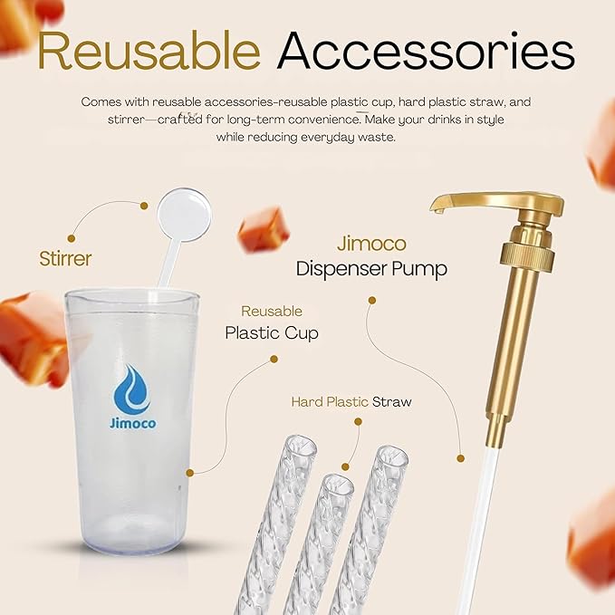 Jimoco Barista Set – Torani Sugar Free Salted Caramel Syrup 25.4 oz, Jimoco Pump, Reusable Cup, Straw & Stirrer – Coffee, Italian Soda & Cocktail Flavoring Kit