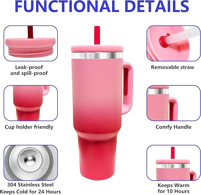 40-OZ Insulated Water Bottle,Insulated Stainless Steel Tumbler,Reusable Cold Drink Thermos,BPA-Free, Double-Wall Stainless Steel Water Bottle (Pink Gradient, 40, Fluid Ounces)