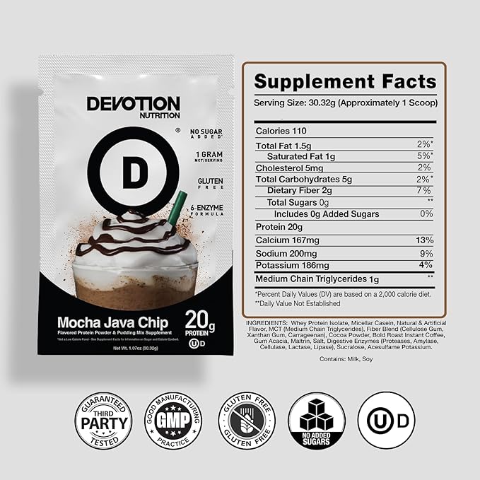Devotion Nutrition Protein Powder Blend | Gluten Free, Keto Friendly, No Added Sugars | 1g MCT | 20g Whey & Micellar Protein | 12 Single Serving Packets (Mocha Java Chip)