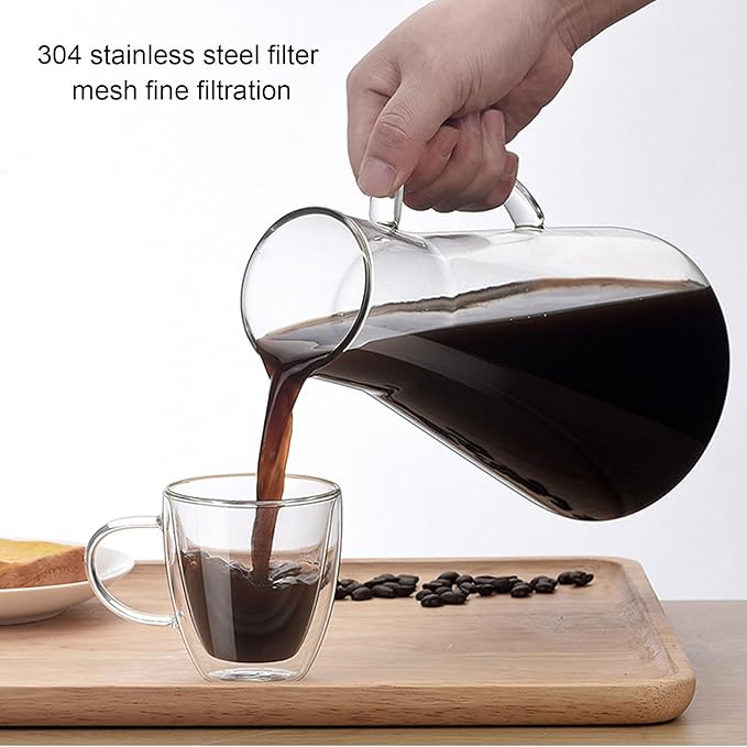 1600ML Mason Jar Pitcher with Stainless Steel Filter, Cold Brew Coffee Maker, Pour Spout Handle Lid, Airtight Leak Proof, Designed for Durability, Smoother and Rich Coffee Flavor
