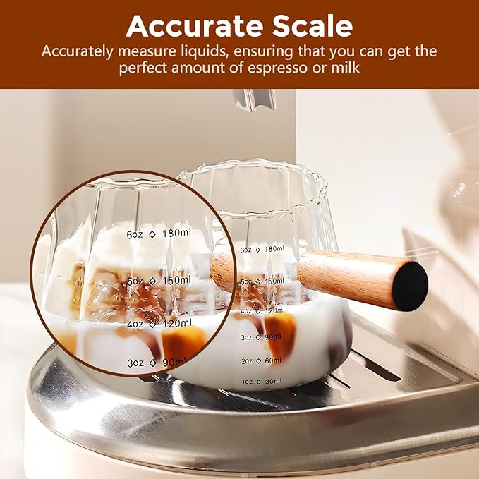 YARRAMATE 2 Pack 6 oz/180ML Glass Measuring Cup with Wooden Handle – Espresso Shot Cups, Ribbed Milk Frothing Pitcher, Dual Scale Markings, V-Shaped Mouth for Easy Pouring, Dishwasher Safe