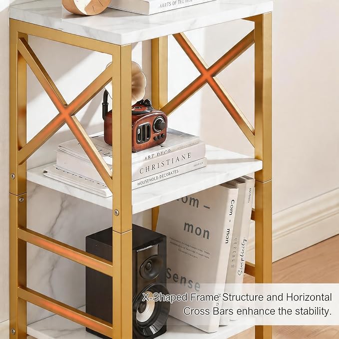 MNEETRUNG Small Bookshelf,3 Tier Industrial Bookcase with Metal Frame and Backboard,Low White and Gold Book Shelf,Book case for Small Spaces,Living Room,Bedroom and Home Office