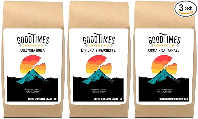 Good Times Coffee Company Colombian Huila Ethiopian Yirgacheffe Costa Rican Tarrazu Green Unroasted Coffee Beans, 3 Pound Variety
