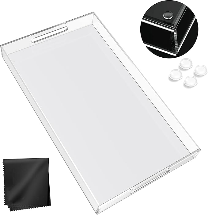 Acrylic Tray 20x16 with Cut Handles - Spill Proof Decorative Tray is an Ideal Countertop Organizer for Living Rooms, Ottoman Coffee Tables, Offices, Kitchens & Serving Guests