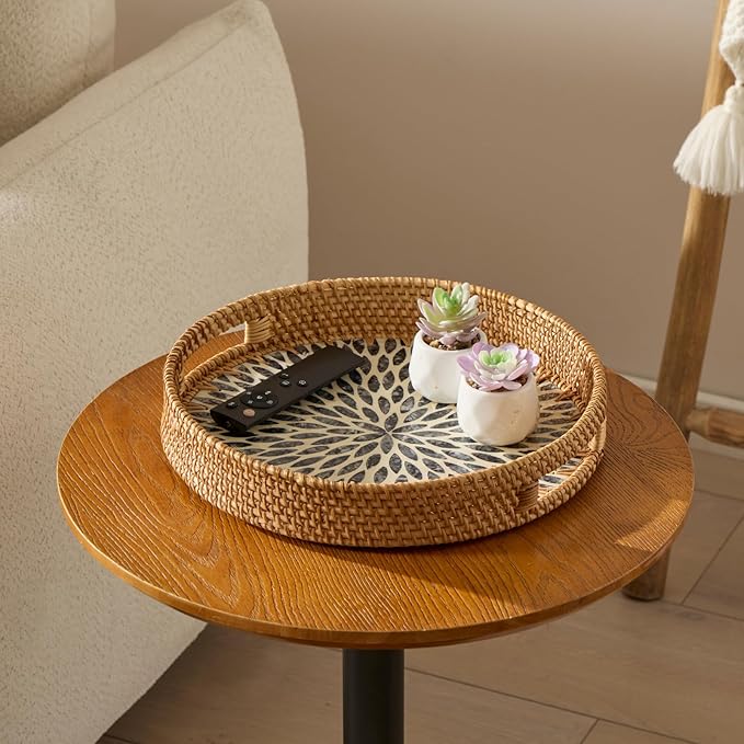 YANGQIHOME Round Rattan Tray with Handle, Mother of Pearl Inlay Decorative Wicker Basket for Coffee, Bread, Fruits, Serving Tray for Home Decor, Blue Leaf