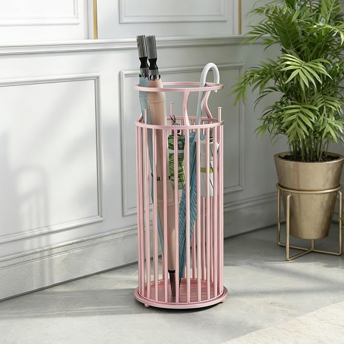 Metal Umbrella Stand with Hooks, Commercial Umbrella Holder & Storage Rack Organizer, Floor Standing Umbrella Bucket for Home, Hotel, Lobby & Entryway Decor.(Pink)