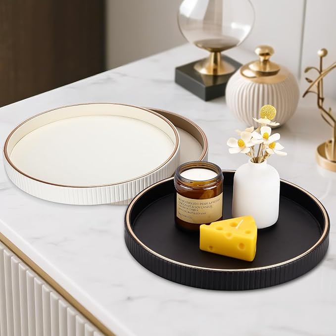 KINGFOM Round Decorative Tray for Coffee Table, PU Leather Valet Nightstand Desk Organizer for Men Women, Golden Trim Tray for Home Decor Living Room Dining Table, Perfume Trays Organizer Black