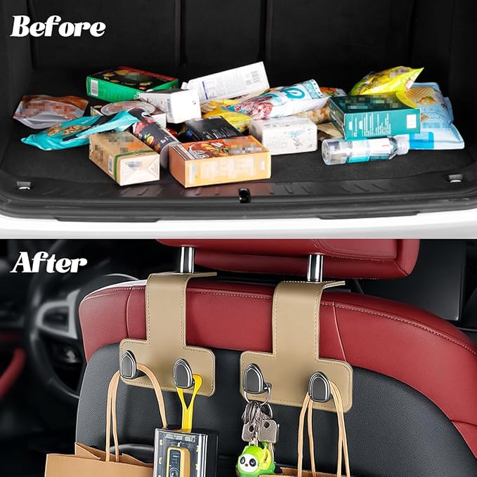 2PCS Car Headrest Hook, Dual Hook Leather Vehicle Back Seat Storage Organizer for Handbag Purse Hat, Multifunction Automotive Seat Back Hanger Holder, Universal for Most Vehicles (Beige)