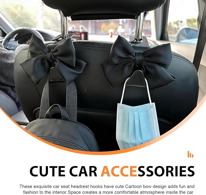 2 PCS Car Seat Headrest Hooks, Bow-Shaped Design Back Seat Storage Hangers, Automotive Purse Hanger for Purses, Bags, Umbrellas, Universal for Most Cars (Black)