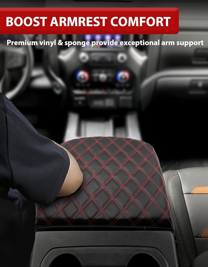 KBH Center Console Armrest Cover for Chevy Silverado & GMC Sierra 2019-2026, Tahoe & Suburban & Yukon 2021-2026 Bucket Seat, Vinyl Leather Trim, Black-Red Double Stitch