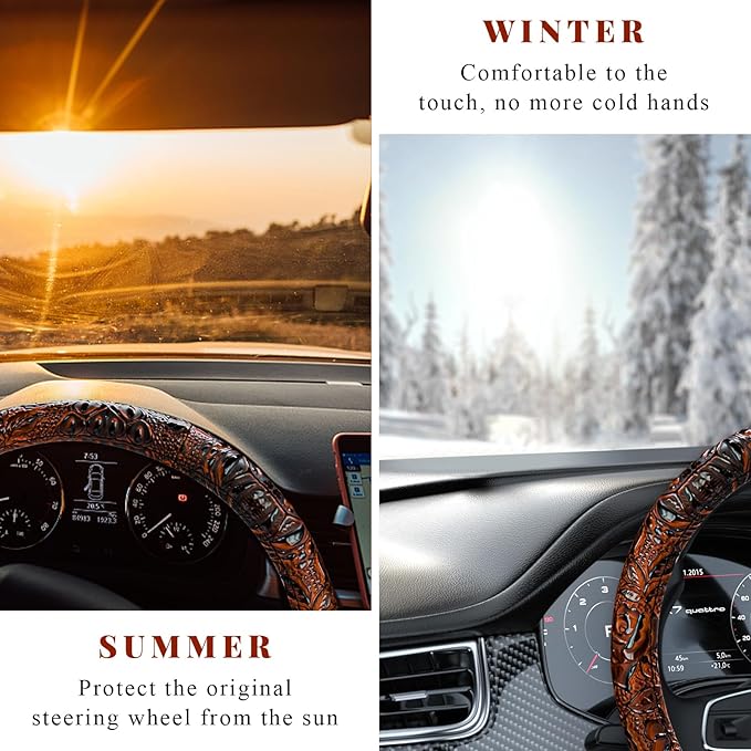 Leather Car Steering Wheel Cover, 15" Crocodile Pattern Anti Slip Car Wheel Wrap with Rose Grain, Four Seasons Universal Auto Steering Wheel Protector for Cars Trucks SUVs (Brown)