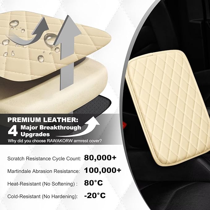 Upgraded Car Center Console Cover Fit for bZ4X Faux Leather Car Armrest Cover Cushion with 2 Storage Bags,Car Armrest Storage Box Interior Accessories(Beige&Whiteline)