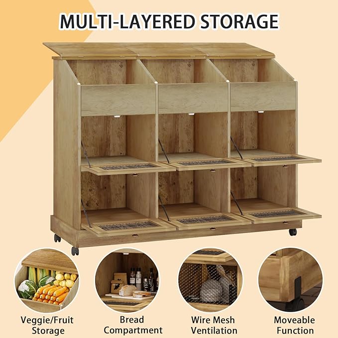 Triple Potato and Onion Storage Bin with Wheels, 3 Tier Wooden Potato Storage Cabinets with Mesh Doors, Farmhouse Movable Fruit and Vegetable Box, Wood Bread Box for Kitchen (Triple Brown)