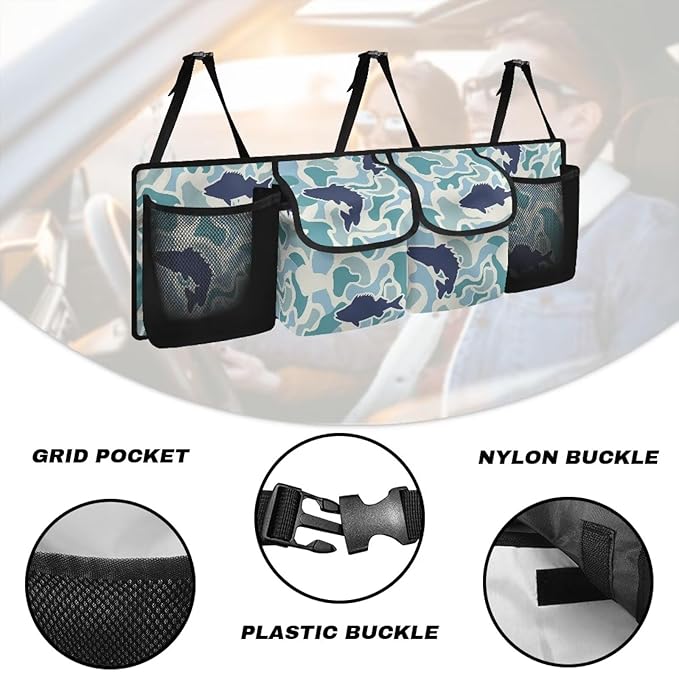 CLOHOMIN Blue Fish Camo Backseat Car Organizer Hanging Cargo Storage Organizer with 4 Pockets Car Seatback Organizer for Most Vehicle Car Interior Accessories