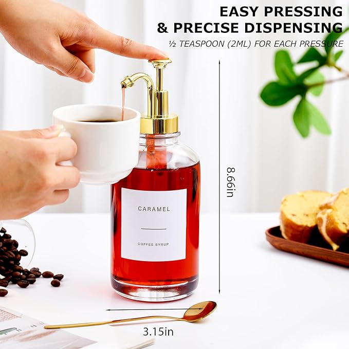 Coffee Syrup Dispenser for Bar, Glass Syrup Bottle with Pump, Coffee Pump Dispenser Bottle with Tray, Spoon for Station,16.9 oz, 500 ml