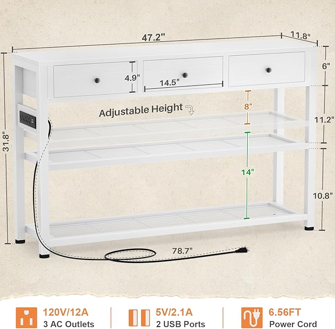 Ecoprsio 47'' Entryway Table with Outlets and USB Ports, Console Table with 3 Drawers, Sofa Table Narrow Long with Storage Shelves for Living Room, Couch, Hallway, Foyer, Kitchen Counter, White