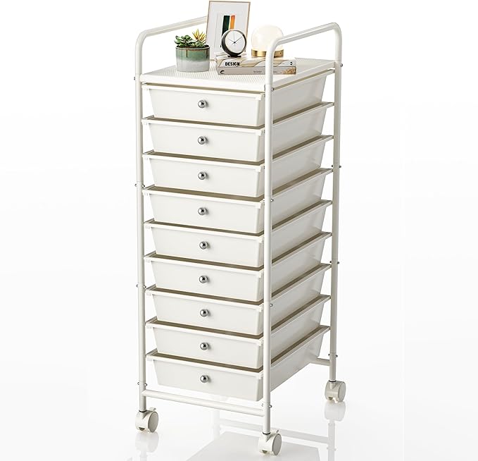 9-Tier Utility Cart with 9 Drawers, Rolling Utility Cart with 2 Lockable Caster Wheels, Multipurpose Mobile Rolling Storage Drawer Cart for Office Bathroom Kitchen, Ivory White