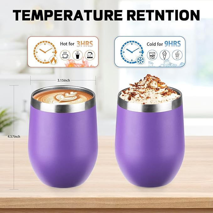 StarSpeed 12oz/12 Pack Wine Tumbler with lid, Stainless Steel Travel Mugs Stemless Double Wall Insulated Coffee Cup, Insulated Wine Glasses Travel Tumbler for Cold & Hot Drinks(Purple, 12)