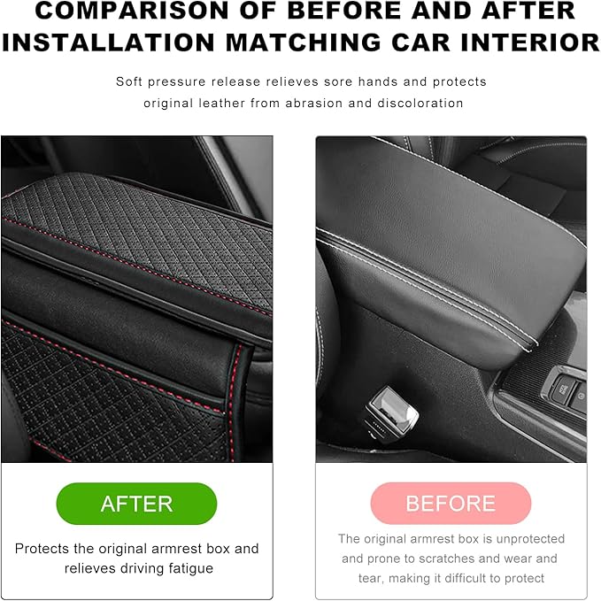 Car Center Console Cover, Microfiber Leather Armrest Cover Cushion with 2 Storage Bags, Anti-Scratch Middle Console Protector Interior Accessories for Most Cars SUVs Trucks (Black & Red)