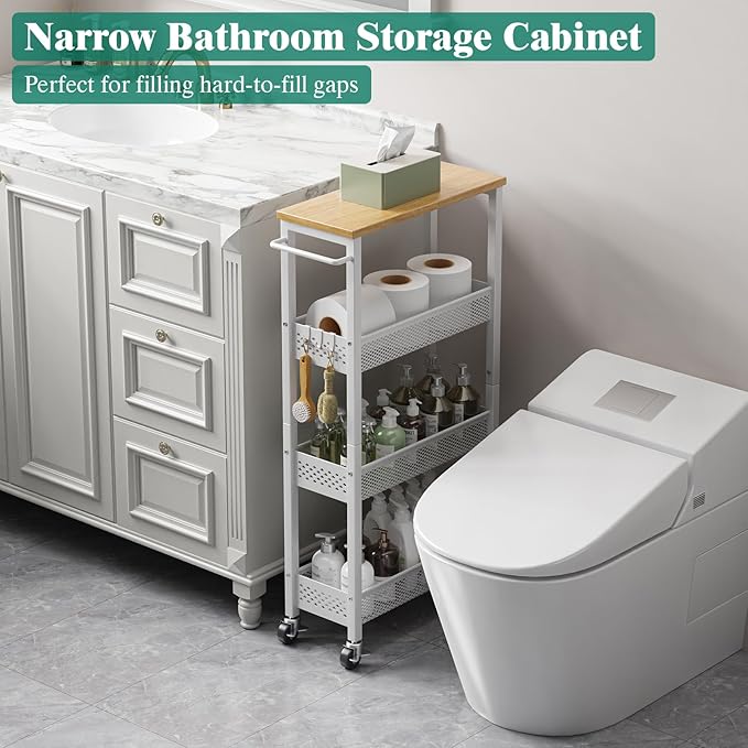 Giwil Slim Rolling Storage Cart 4 Tier Bathroom Organizer Mobile Shelving Unit Utility Cart with Wood Top and Handle for Kitchen Laundry Narrow Places, White