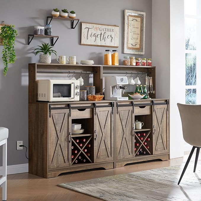 Wnutrees Farmhouse Coffee Bar Cabinet with Charging Station and USB Ports, Sliding Barn Door, 39" Kitchen Hutch Sideboard Buffet Storage Cabinet, Fits Kitchen Dining Living Room, Rustic Brown