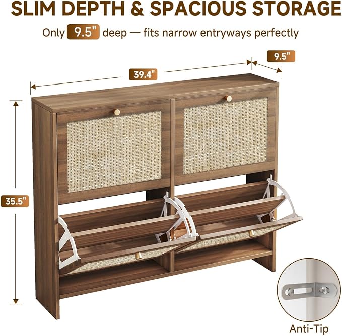 Nicetree Shoe Cabinet Storage for Entryway, 4-Flip Drawer Narrow Shoe Rack, Organic Modern Rattan Shoe Organizer with Gold Legs, Shoe Organizer Fits Men's Size 13.5, Toasted Caramel Walnut