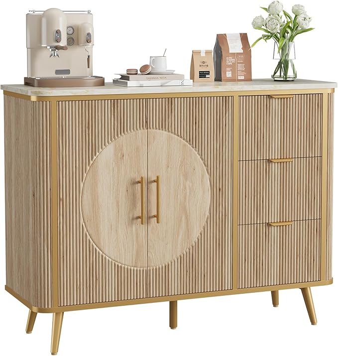 47.3" Modern Buffet Cabinet with Storage, Kitchen Sideboard Buffet with 2 Door & 3 Drawers, Fluted Caffee Bar Storage Cabinet for Dining Room, Living Room, Entryway, Natural Oak