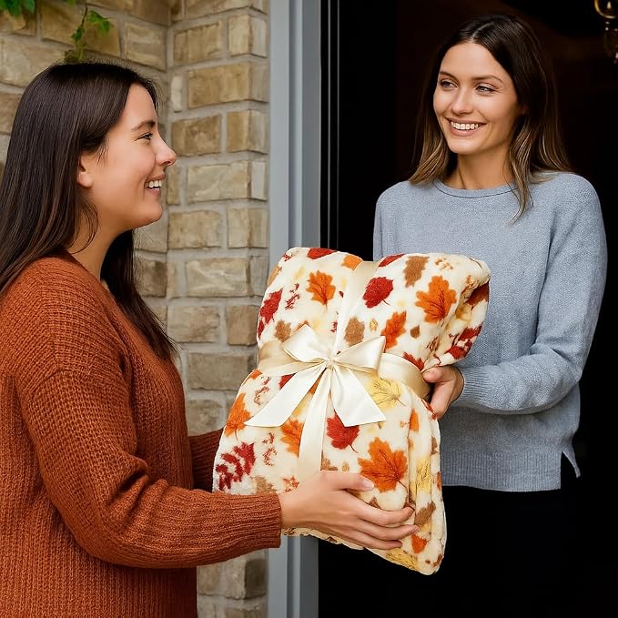 Fall Decor Throw Blanket: Soft Warm Autumn Leaves and Berries in Red Yellow Brown Beige Colors for Living Room Couch Bed Chair Dorm, Oversized 50" x 70" inches