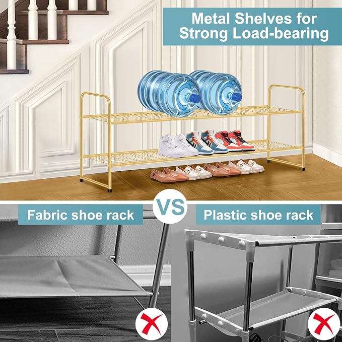 AOODA Long 2 Tier Shoe Rack for Closet Metal Wide Stackable Shoe Storage Organizer for Entryway, Bedroom, Floor, 18-Pairs Low Sneaker Shelf, Golden