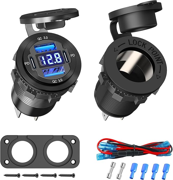 Qidoe Cigarette Lighter Socket 12 Volt USB Outlet Dual 30W PD & Dual Quick Charge 3.0 18W, 300W Socket Aluminum Metal Charger Panel with LED Voltmeter for Marine Car RV Motorcycle Golf Cart, etc