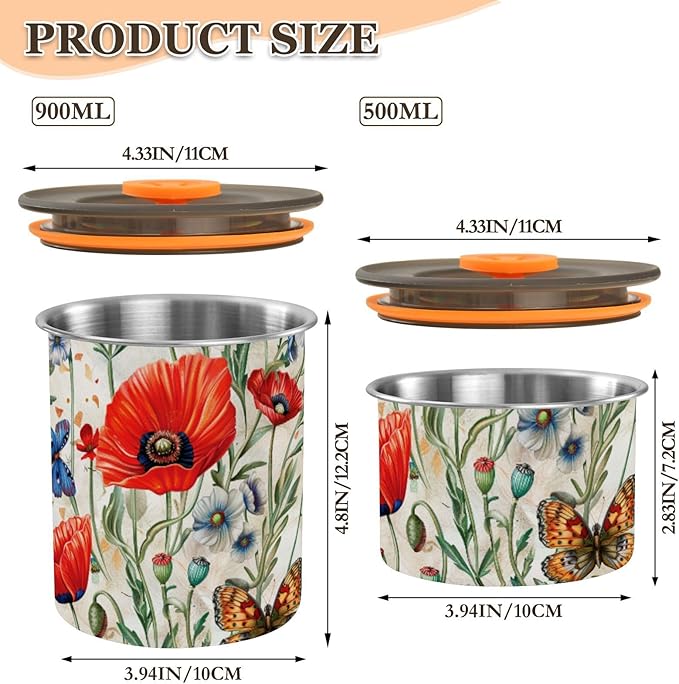 ALAZA Red Poppy Flowers Butterfly Airtight Coffee Bean Canister 900ml Food Storage Containers with Lids For Gournd, Tea, Sugar, Flour, Rice, Cereal, Candy Cookie Jar