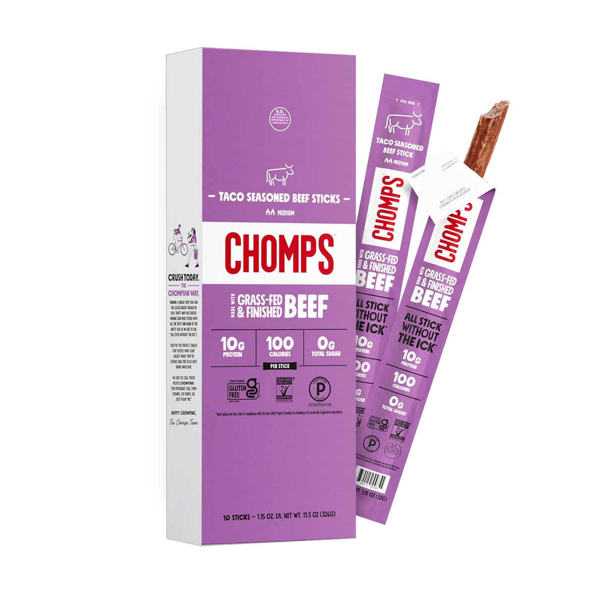 Chomps Grass-Fed and Finished Original Beef Jerky Snack Sticks 10-Pack - Keto, Paleo, Whole30, 10g Lean Meat Protein, Gluten-Free, Zero Sugar Food, Non-GMO
