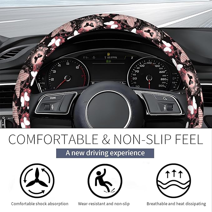Steering Wheel Covers for Car, Truck, and SUV, Cute Non-Slip Breathable Elastic Steering Wheel, Car Accessories, Universal 15 Inch Leather Cover for Men Women Butterfly Hearts