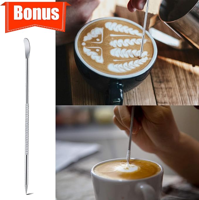 Milk Frothing Pitcher, 12oz Espresso Steaming Pitchers Stainless Steel Cappuccino Coffee Machine Accessories Barista Tools Steam Froth Pitchers Milk Jug Cup with Decorating Pen Latte Art, Rainbow