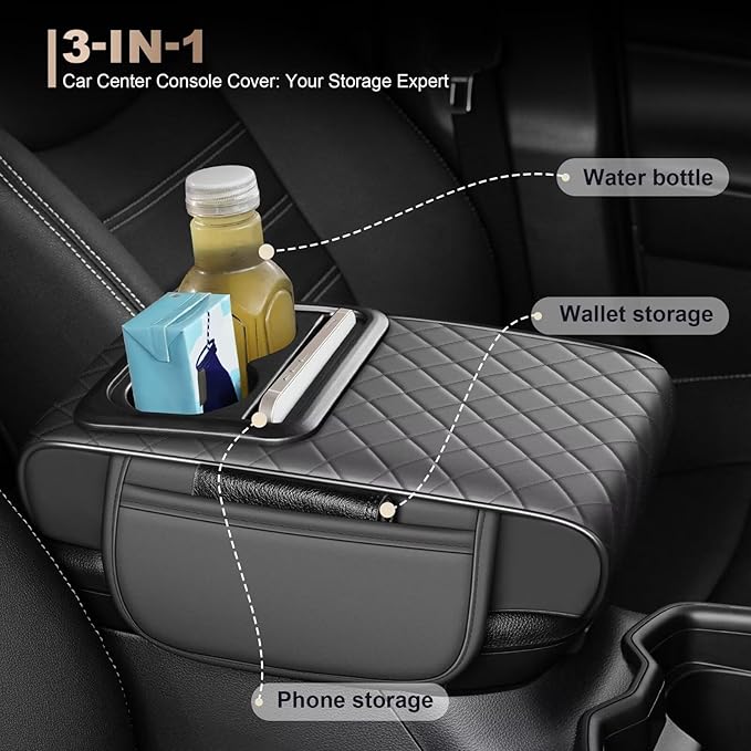 Center Console Cover Fit for Land Cruiser Faux Leather Car Armrest Cushion with Storage Bags, Cup Holder ＆ Phone Storage Multifunctional Middle Console Cover(Grey)