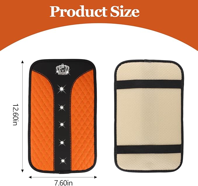 Bling Crown Car Center Console Cover, 12.7"×7.7" Armrest Cover for Cars, Waterproof Leather Arm Rest Box Pad Cushion, Universal Middle Console Cover Protector, Car Accessories (Orange)