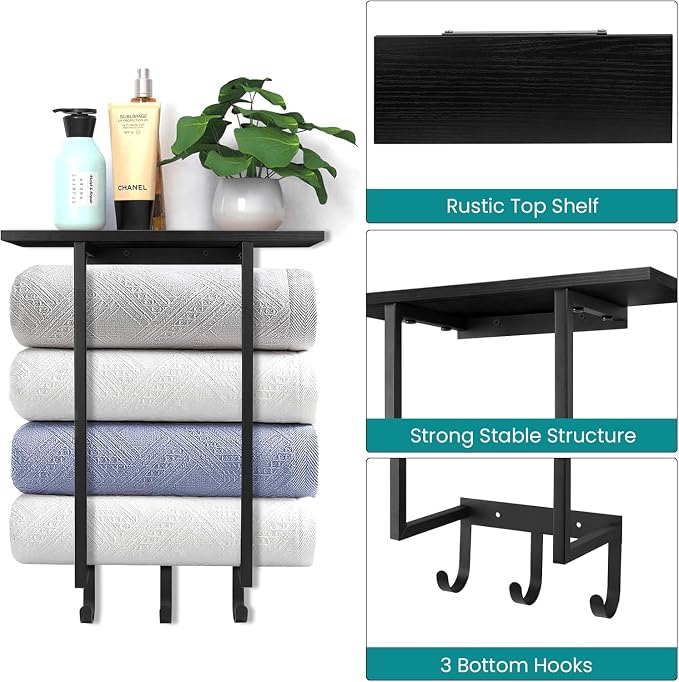 ELITEROO Towel Holder for Bathroom Wall, Towel Rack with Shelf and Hooks, Hanging Towel Organizer for Small Bathroom Storage, Wooden Rolled Towel Shelf for RV, Camper, Black