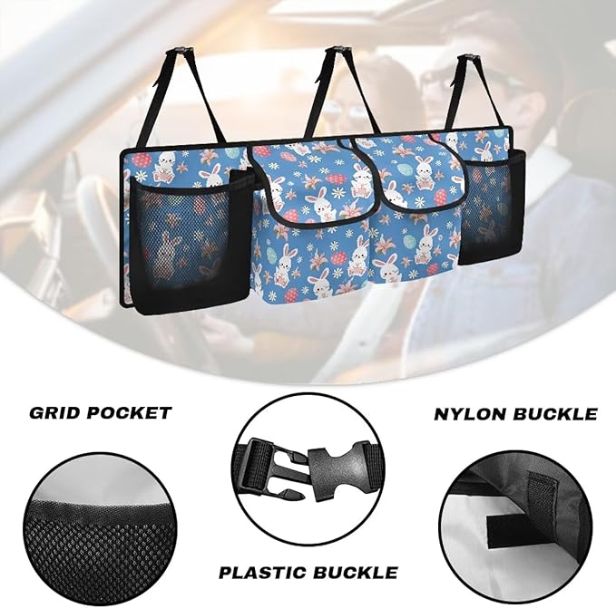 Easter Bunny＆Color Eggs Car Trunk Organizer Waterproof Auto Hanging Seat Back Storage for SUVs, Vans, Cars,Car Accessories for Easter