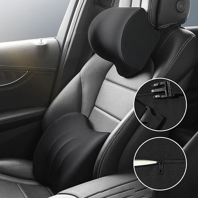 Car Headrest & Lumbar Support Cushion for Hyundai Santa Fe 2010-2023, Ergonomic Car Seat Headrest Memory Foam Neck and Back Pillow Kit Breathable Removable for Driving Fatigue Relief,B/Gray