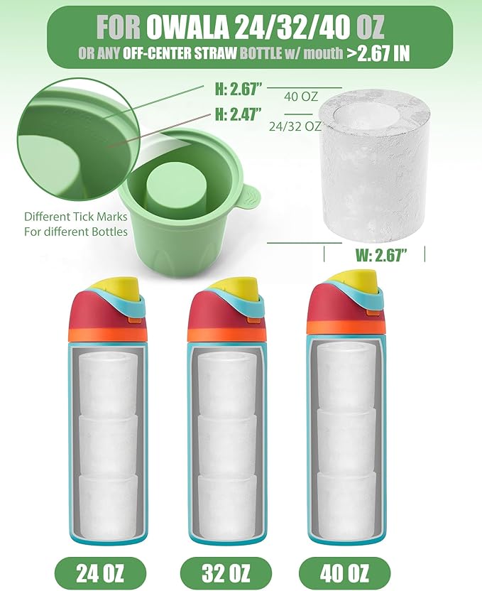Ice Molds for Owala 24-40oz, Set of 3, Food-Grade Soft Silicone, No White Residue, Easy to Release, Straw Placement Compatible with Owala FreeSip, Keeps Drinks Cold Longer (Green)