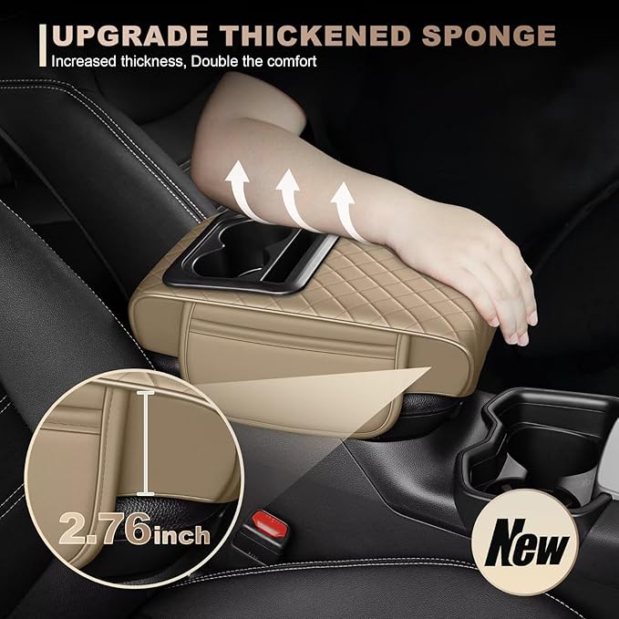 Center Console Cover Fit for bZ4X Faux Leather Car Armrest Cushion with Storage Bags, Cup Holder ＆ Phone Storage Multifunctional Middle Console Cover(Beige)