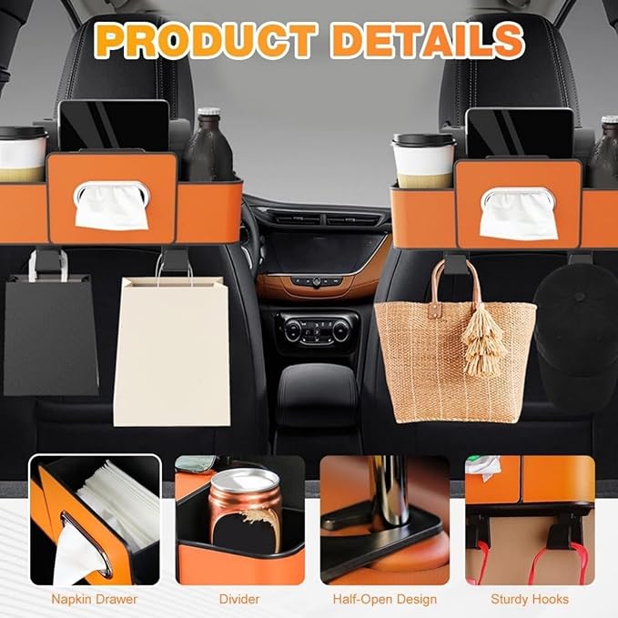 Car Organizers and Storage Box, Car Organizers and Storage Box Multifunctional with Tissue Holder, for Hold Phones, Snacks, Drinks, And Handbags