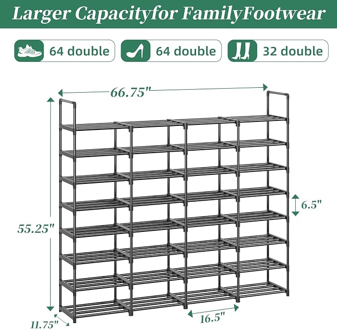 Simple Trending 8-Tier Shoe Rack Large Capacity 64 Pairs Tall Shoe Shelf, Sturdy Metal Shoe Organizer for Entryway, Closet, Bedroom, Black