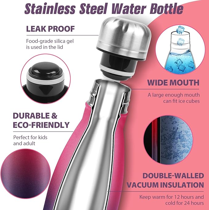 Sfee Insulated Water Bottle, 17 oz Stainless Steel Water Bottles, Double Wall Vacuum Reusable Water Bottles Leak Proof BPA-FREE Sports Bottle Cup Keep Hot&Cold for Running Gym Workout Cycling Kids